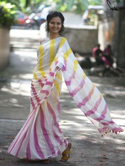 Suta - Women White Cotton Stripes Handloom Saree Without Blouse