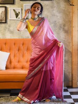 Suta - Women Pink Cotton Colorblock Handloom Saree Without Blouse