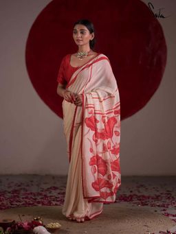 Suta - Women Off White Cotton Floral Printed Saree Without Blouse