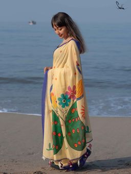 Suta - Women Multi-Color Cotton Floral Hand Painted Saree Without Blouse