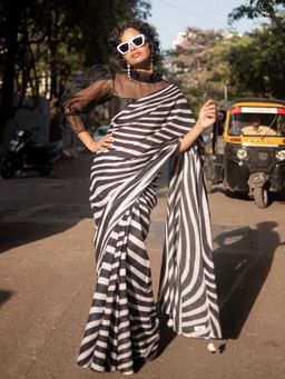 Suta - Women Black and White Cotton Stripes Printed Saree Without Blouse