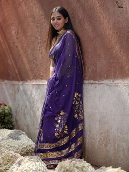 Suta - Women Purple Cotton Foil Printed Gota Work Border Saree Without Blouse