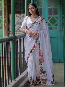 Suta - Women White Cotton Floral Printed Saree Without Blouse