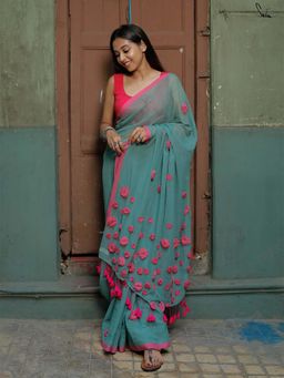 Suta - Women Pink Cotton Floral Embellished Saree Without Blouse