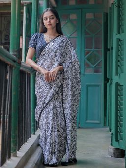Suta - Women White Cotton Floral Printed Saree Without Blouse