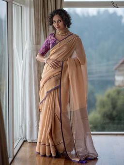 Suta - Women Beige Cotton Stripes Handloom Saree Without Blouse
