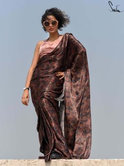 Suta - Women Brown Viscose Rayon Floral Printed Saree Without Blouse