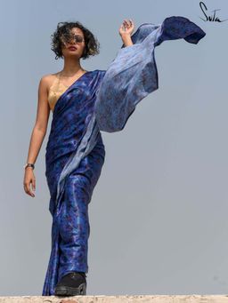 Suta - Women Navy Blue Viscose Rayon Floral Printed Saree Without Blouse