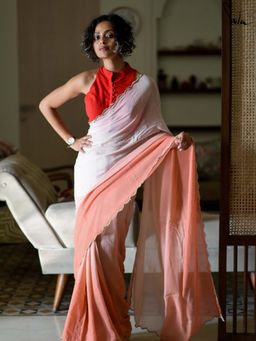 Suta - Women White and Peach Cotton Ombre Saree Without Blouse