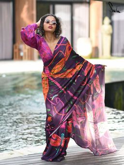 Suta - Women Purple Viscose Rayon Printed Saree Without Blouse