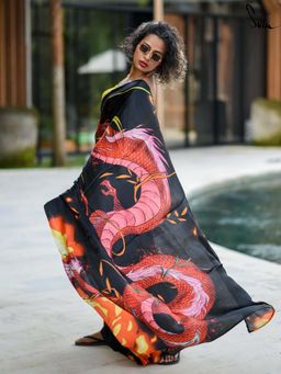 Suta - Women Black Viscose Rayon Printed Saree Without Blouse