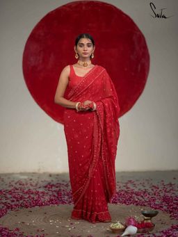 Suta - Women Red Pure Georgette Embroidered Saree Without Blouse