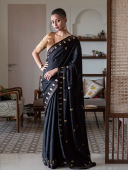 Suta - Women Black Viscose Foil Printed Saree Without Blouse