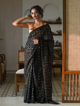 Suta - Women Black Georgette Embellished Sequined Saree Without Blouse