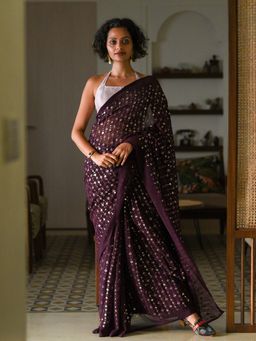 Suta - Women Wine Georgette Embellished Sequined Saree Without Blouse