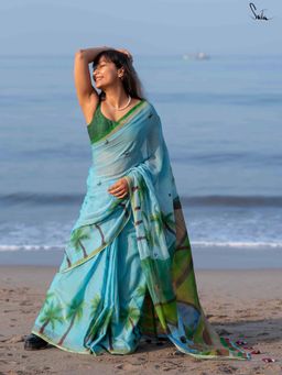 Suta - Women Blue Cotton Printed Saree Without Blouse