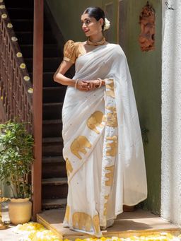 Suta - Women White Cotton Elephant Gota Work Saree Without Blouse