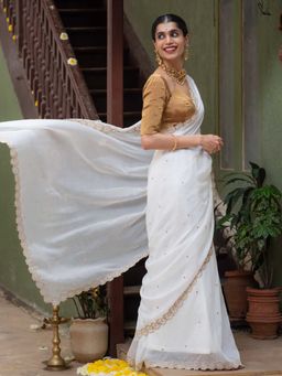 Suta - Women White Cotton Embroidered Embellished Saree Without Blouse