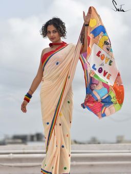 Suta - Women Beige Viscose Rayon Hand Painted Saree Without Blouse