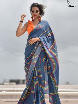 Suta - Women Blue Viscose Rayon Stripes Printed Saree Without Blouse