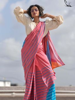 Suta - Women Pink Viscose Rayon Stripes Printed Saree Without Blouse
