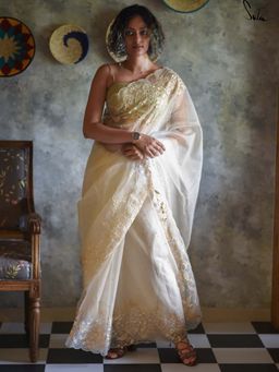 Suta - Women Beige Pure Silk Embroidered Saree Without Blouse