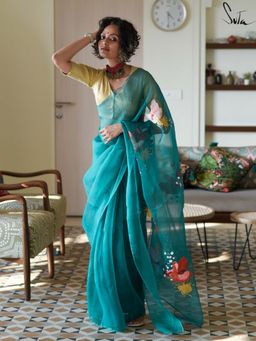Suta - Women Teal Organza Floral Printed Saree Without Blouse