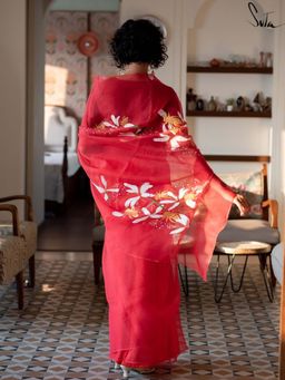 Suta - Women Red Organza Floral Printed Saree Without Blouse