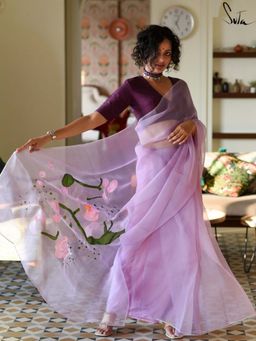 Suta - Women Lavender Organza Printed Saree Without Blouse