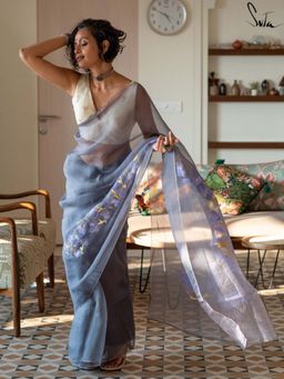 Suta - Women Dusky Blue Organza Floral Printed Saree Without Blouse