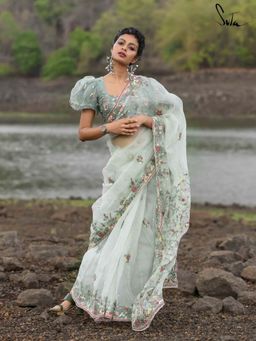 Suta - Women Light Green Embroidered Sequined Saree Without Blouse