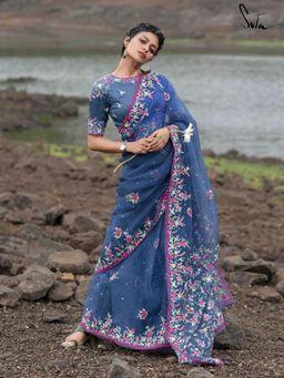 Suta - Women Navy Blue Embroidered Sequined Saree Without Blouse