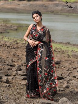 Suta - Women Black Embroidered Sequined Saree Without Blouse