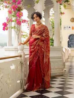 Suta - Women Maroon Organza Embroidered Sequined Saree Without Blouse