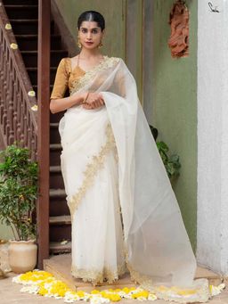 Suta - Women White Organza Floral Embroidered Saree Without Blouse