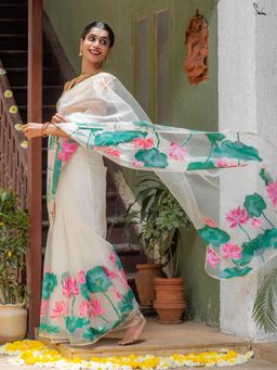 Suta - Women White Organza Floral Printed Saree Without Blouse