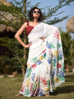 Suta - Women White Cotton Printed Saree Without Blouse
