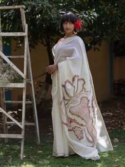 Suta - Women White Pure Silk Lotus Hand Painted Saree with Unstitched Blouse