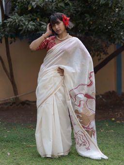 Suta - Women White Pure Silk Hand Painted Saree with Unstitched Blouse