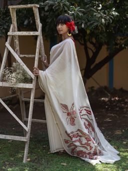 Suta - Women White Pure Silk Hand Painted Saree with Unstitched Blouse