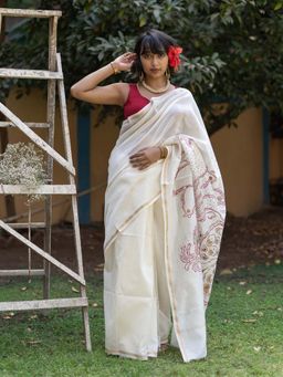 Suta - Women White Pure Silk Floral Hand Painted Saree with Unstitched Blouse