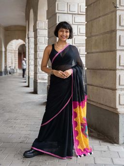 Suta - Women Black Cotton Printed Saree Without Blouse