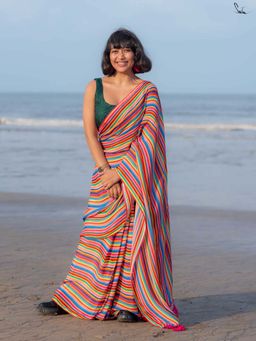 Suta - Women Multi-Color Viscose Rayon Stripes Printed Saree Without Blouse