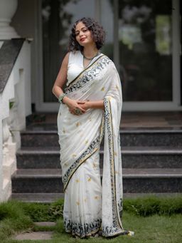 Suta - Women White Cotton Printed Saree with Unstitched Blouse