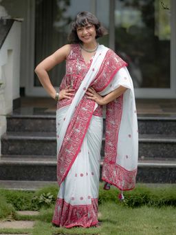 Suta - Women Red and White Cotton Saree with Unstitched Blouse