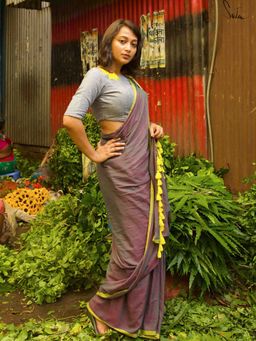 Suta - Women Purple Cotton Handloom Saree Without Blouse