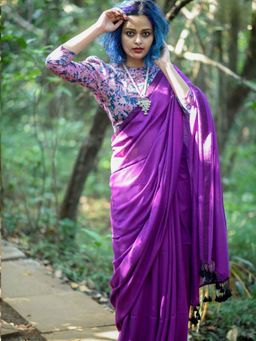 Suta - Women Purple Cotton Solid Plain Saree Without Blouse