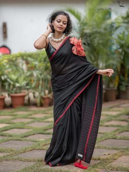Suta - Women Black Cotton Stripes Floral Handloom Saree Without Blouse