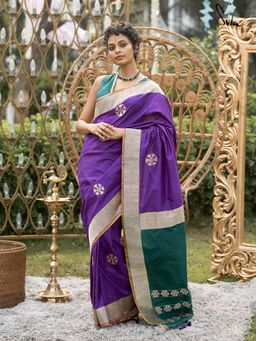 Suta - Women Purple and Green Pure Silk Woven Saree with Unstitched Blouse