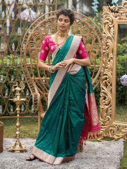 Suta - Women Teal Pure Silk Woven Handloom Saree with Unstitched Blouse